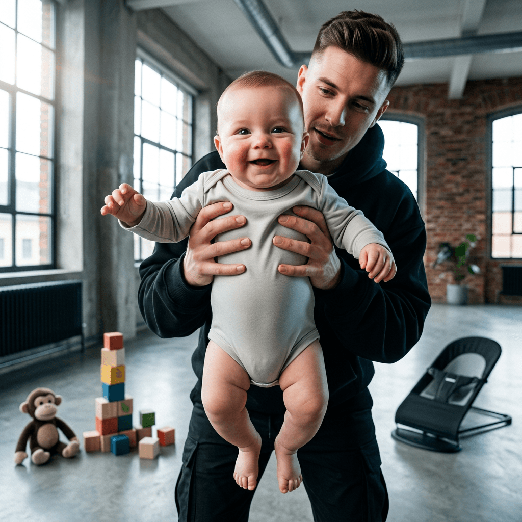 A happy baby wearing a light grey bamboo long sleeve body being held by a man in a modern living room.