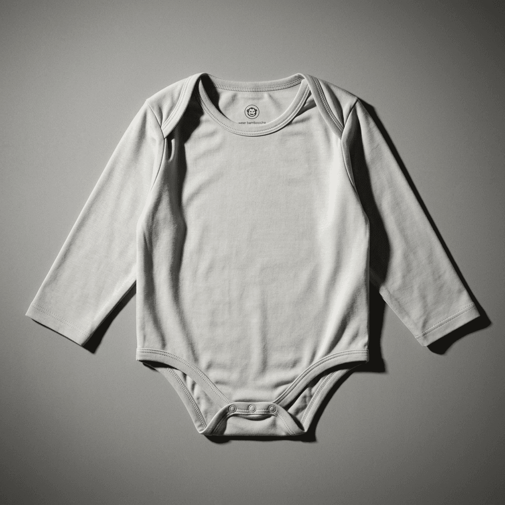 White bamboo baby long sleeve body with envelope neck and snap closures by wear bamboocha on a gray background.