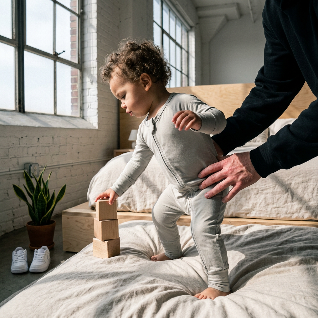 Toddler in a grey Bamboo Baby Romper playing with wooden blocks on a bed, showing a lifestyle fit.