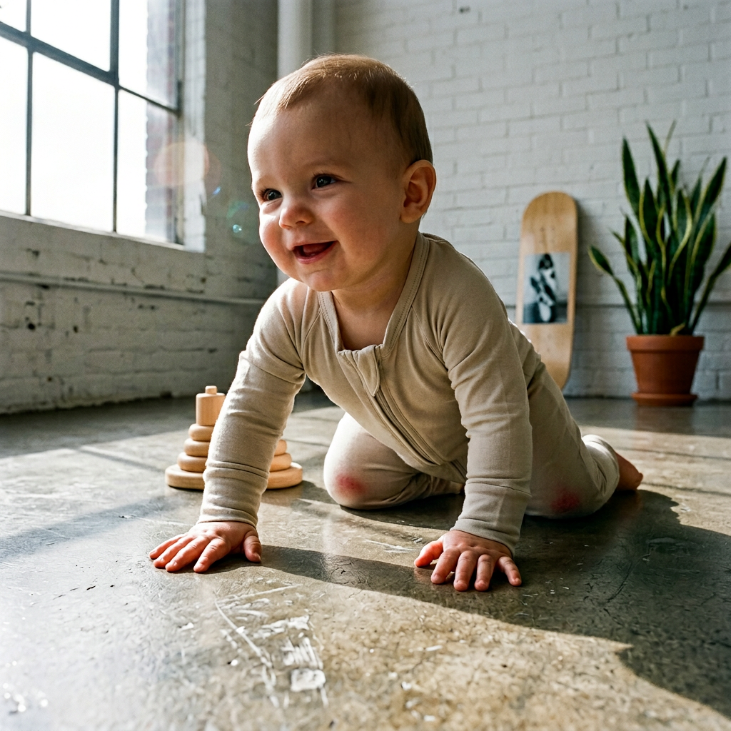 Smiling baby crawling in a tan long sleeve Bamboocha baby romper with zipper on a polished floor in a bright room.