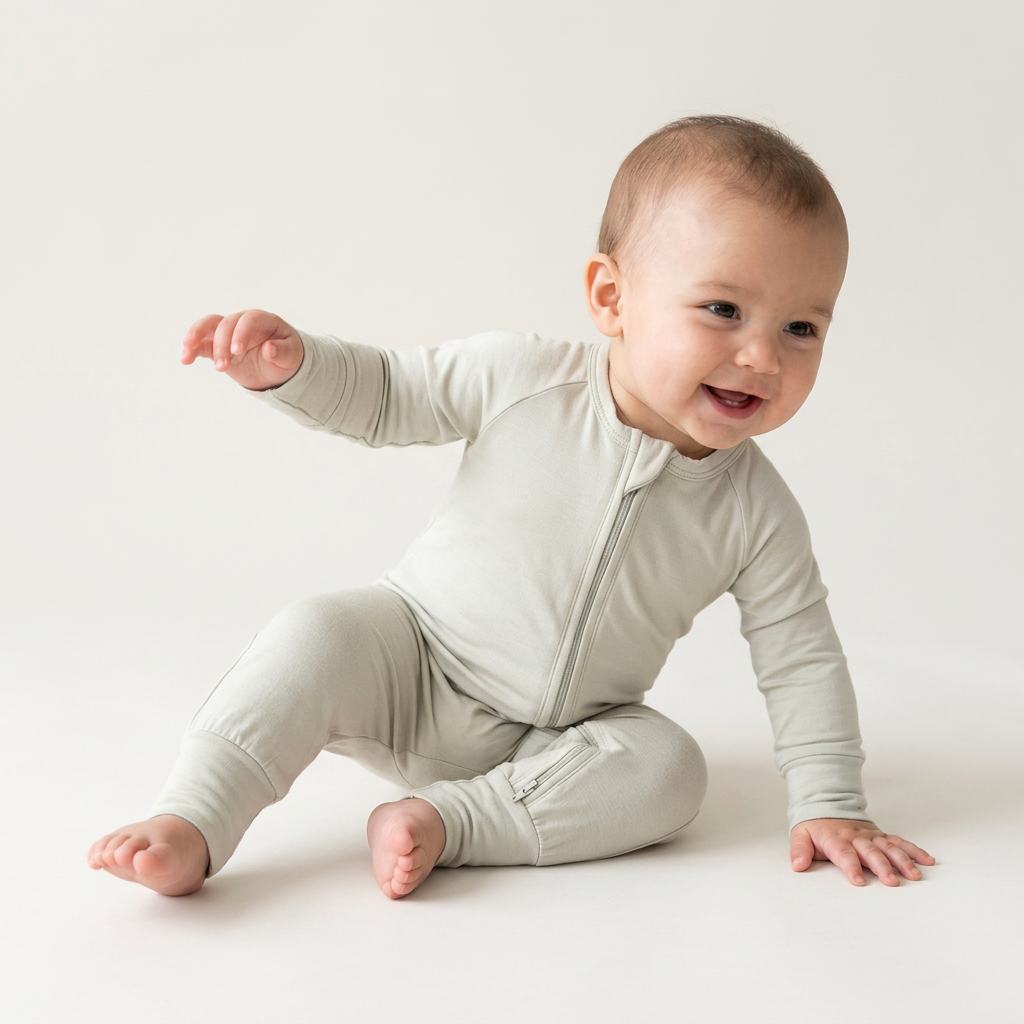 Happy baby in light green Bamboo Baby Romper, sitting with hand outstretched, laughing joyfully.