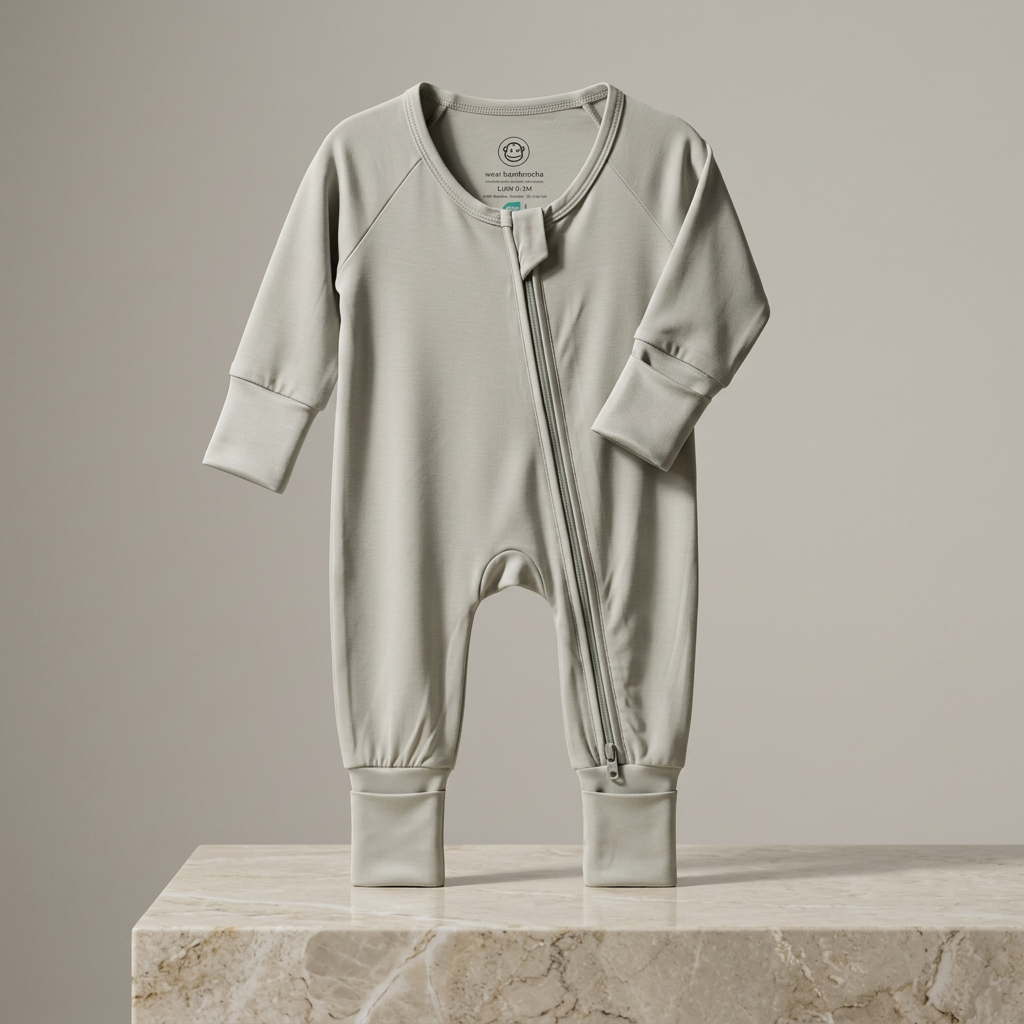 Light gray bamboo baby romper with long sleeves and two-way zipper, displayed upright on a marble surface.