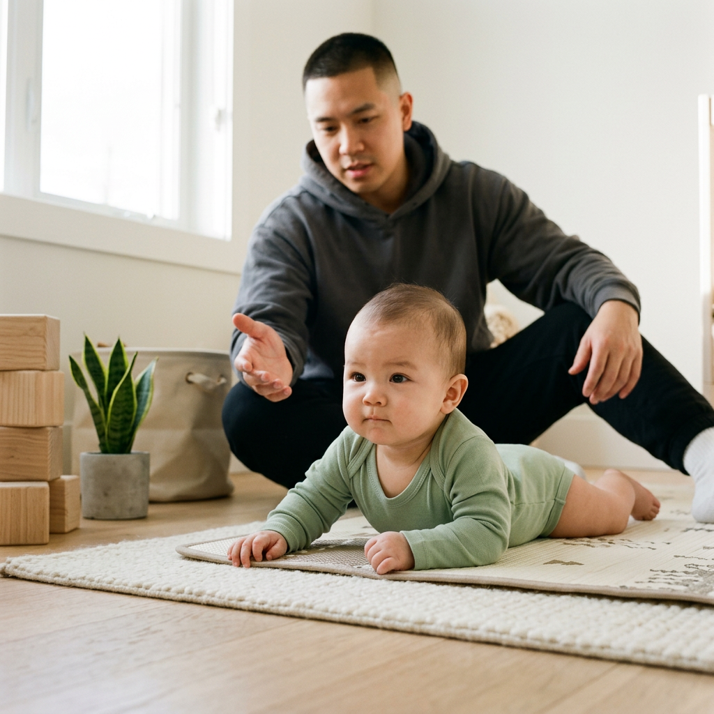 A dad watches his baby, wearing a green Heavyweight Bamboo Baby Body, doing tummy time on a rug.