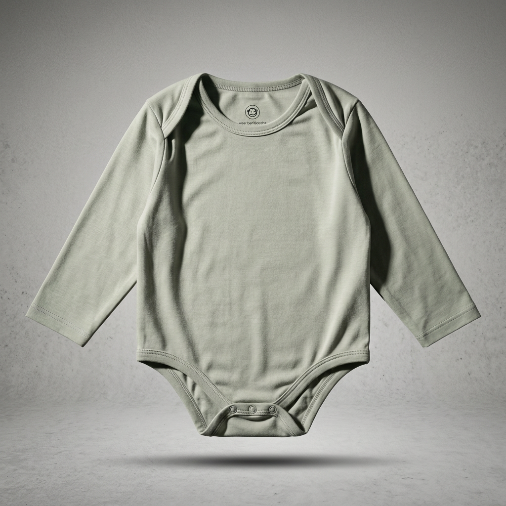 A green Heavyweight Bamboo Baby Body - Big Fit Energy, a long-sleeved bodysuit with snap closures, on a neutral background.